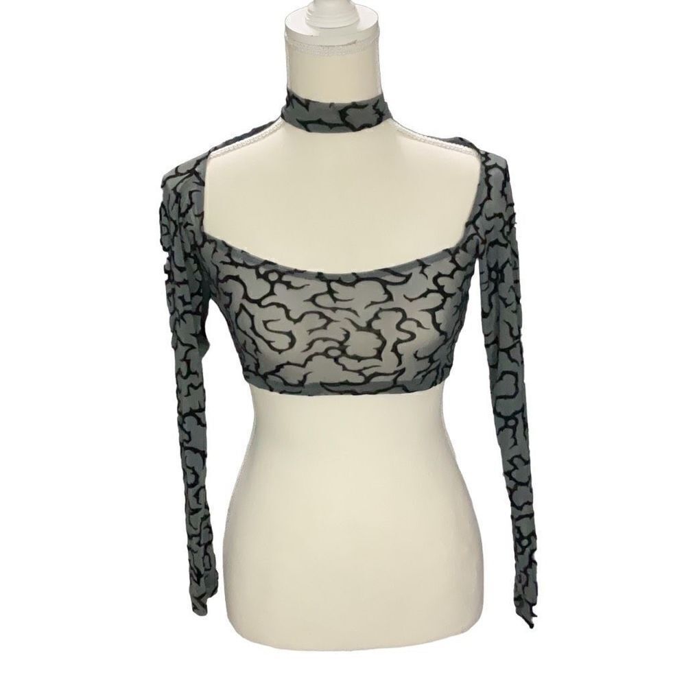 NWT Motel Ribus Crop Top Tribal Flock Sheer Mesh Long Sleeves Size Small